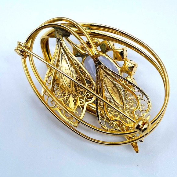 2" Gold Oval Rhinestone Faux Opal Filigree Floral Leaf Brooch Unmarked - Picture 3 of 3